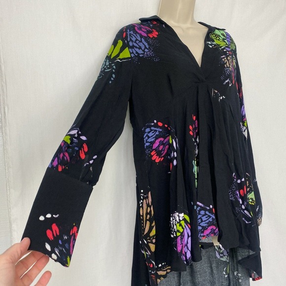Free People Field Of Butterflies Tunic Top XS Womens Black Swing Flowy Oversized - Picture 4 of 12